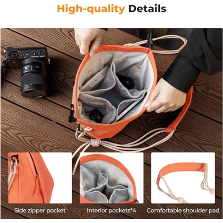 K&F CONCEPT Kameratasche, Modische Umhängetasche mit Staufächern, Leichte Tragetasche für spiegellose Kameras, Orange – Bild 4