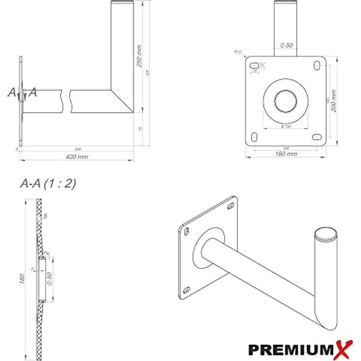 X 40cm Wandhalter ALU SAT Wand Halter Aluminium Wandhalterung mit großer Wandplatte Wandabstand 40 cm – Bild 6