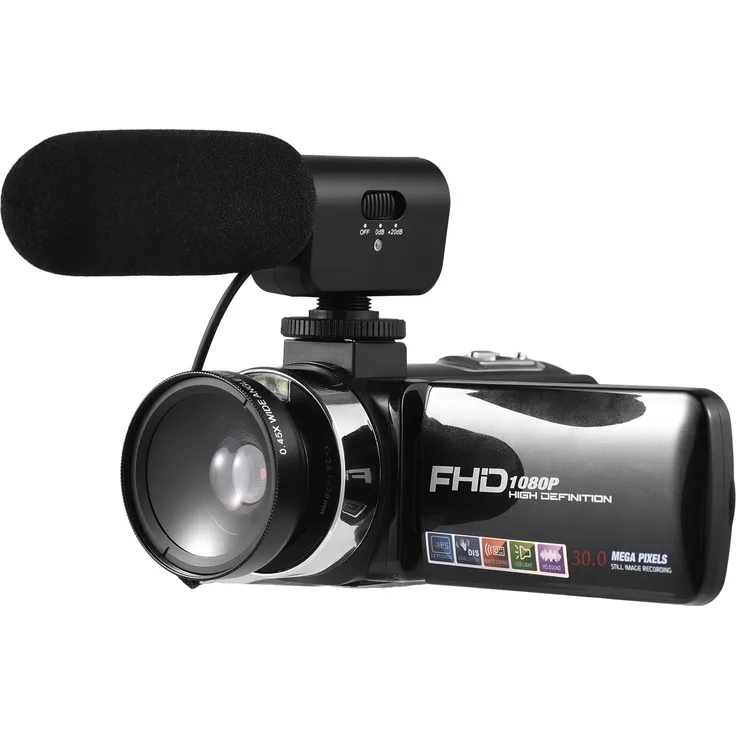 KKmoon FHD 1080P Digital-Videokamera, 30 MP Camcorder mit 18-fachem Digitalzoom, 3,0 Zoll IPS-Bildschirm, Autofokus, Gesichtserkennung, Verwacklungsschutz, 2 Batterien, Fernbedienung, externes Mikrofon, 0,45-faches Weitwinkelobjektiv