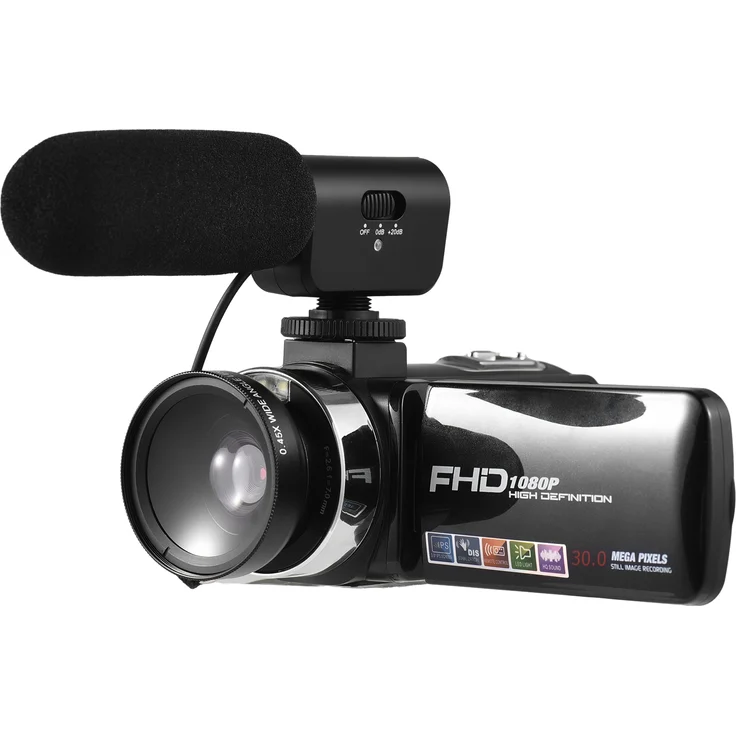 KKmoon FHD 1080P Digital-Videokamera, 30 MP Camcorder mit 18-fachem Digitalzoom, 3,0 Zoll IPS-Bildschirm, Autofokus, Gesichtserkennung, Verwacklungsschutz, 2 Batterien, Fernbedienung, externes Mikrofon, 0,45-faches Weitwinkelobjektiv