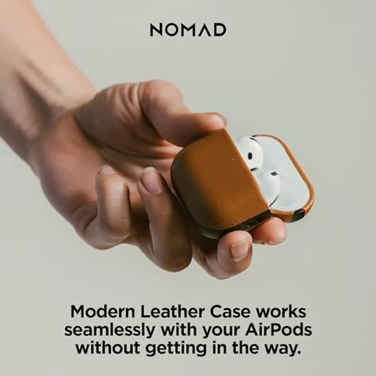 NOMAD Modern Leather Case für Airpods 4 | Robuste Schutzhülle aus Polycarbonat und Echtleder, gummierte TPE-Bumper, kabelloses Laden, English Tan – Bild 10