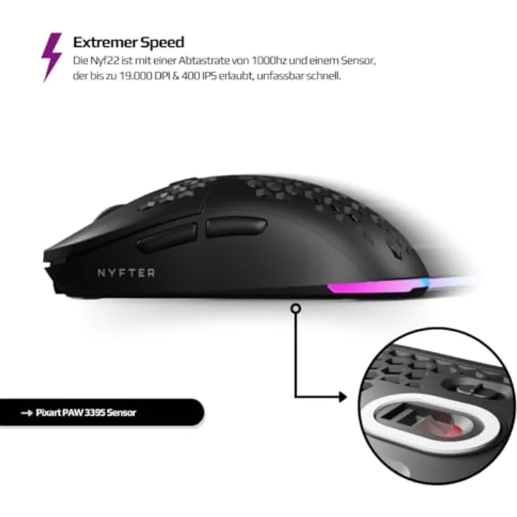 Nyfter NYF22 Wireless Gaming Mouse Ultraleicht 75g mit 400mA 19K DPI, 400 IPS 1000 hz 50h Akkulaufzeit inkl. Zwei wechselbare Cases, Schwarz – Bild 2