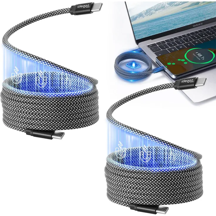 ideoon 2er-Set USB-C Ladekabel 100W, 1m mit magnetischer Aufrollfunktion, schnell und knotenfrei, Schwarz-Grau