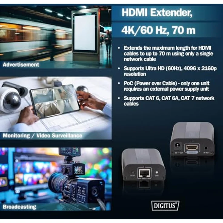 DIGITUS HDMI Extender - Ultra HD, 4K, 60Hz - Set (Sender-Empfänger) - bis zu 60 m Reichweite - Patchkabel (Cat 6, Cat 6A, Cat 7) - schwarz – Bild 3