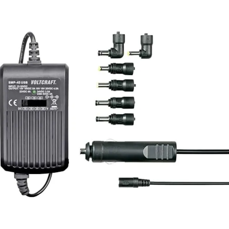 Voltcraft SMP-45 USB Notebook-Netzteil 45 W mit einstellbarer Spannung 9.5-20 V/DC und zusätzlichem USB-Power-Ausgang für KFZ-Einsatz