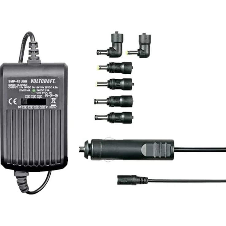 Voltcraft SMP-45 USB Notebook-Netzteil 45 W mit einstellbarer Spannung 9.5-20 V/DC und zusätzlichem USB-Power-Ausgang für KFZ-Einsatz – Bild 1