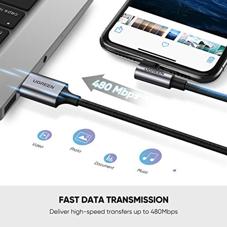 Ugreen US299 Winkel Lightning auf USB-A Kabel, MFi, 2.4A, 1 Meter - Schwarz, abriebfest und ergonomisches Design für komfortables Gaming – Bild 6