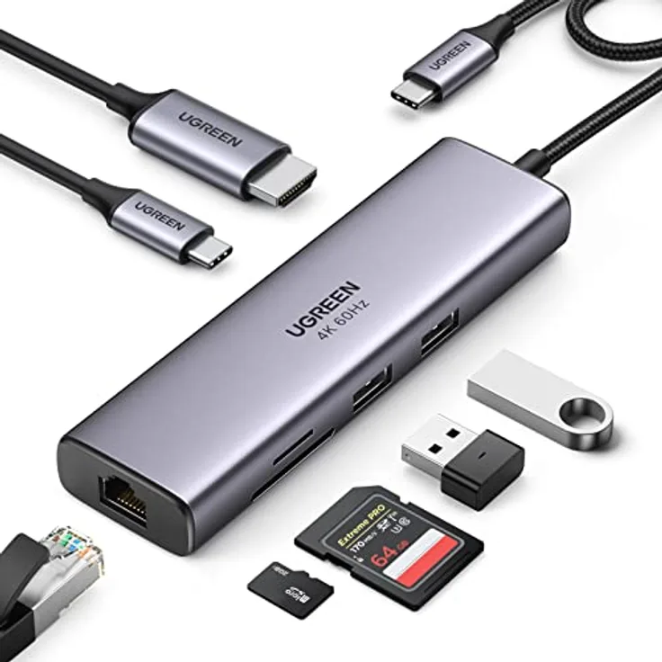 UGREEN Revodok USB C Hub 7 in 1 USB C Adapter mit 4K 60Hz HDMI, Ethernet RJ45, 100W PD, SD&TF, 2 USB A 5Gbps Datenports, Docking Satation für MacBook M1/M2, iPad, Surface Pro/Go,Galaxy S23, XPS usw