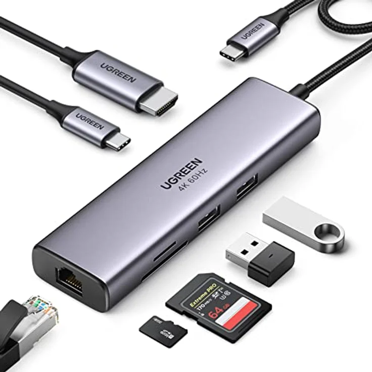 UGREEN Revodok USB C Hub 7 in 1 USB C Adapter mit 4K 60Hz HDMI, Ethernet RJ45, 100W PD, SD&TF, 2 USB A 5Gbps Datenports, Docking Satation für MacBook M1/M2, iPad, Surface Pro/Go,Galaxy S23, XPS usw – Bild 1