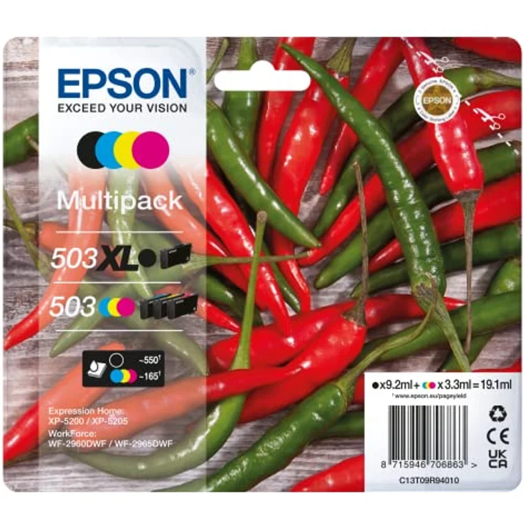 Epson Original 503 Tinte Chili Multipack 4-farbig schwarz XL, CMY Standard, XP-5200 XP-5205 WF-2960DWF WF-2965DWF, ReadyPrint Flex-Tintentarife – Bild 1