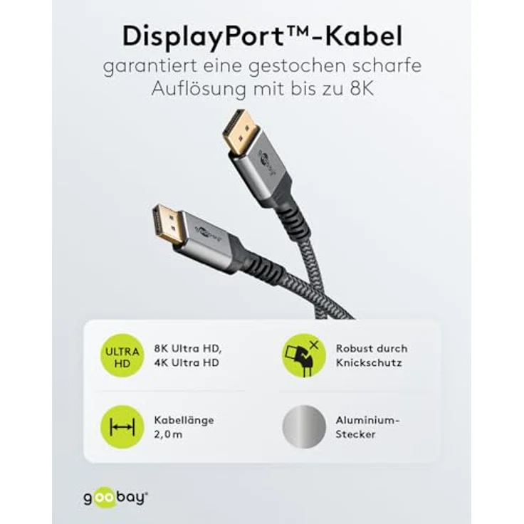 goobay 65265 Displayport Kabel 1.4, bis 8K@60Hz (UHD), 32,4 Gbit/s, Gaming & Video Streaming, vergoldete Stecker, Grau, 2m – Bild 2