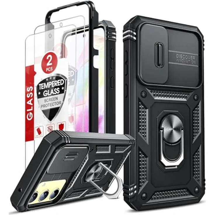 LeYi Kamerahülle für Samsung Galaxy A35 5G, Hybrid Metallring Ständer Cover mit 2 Hartglas Schutzfolien, schwarz – Bild 1