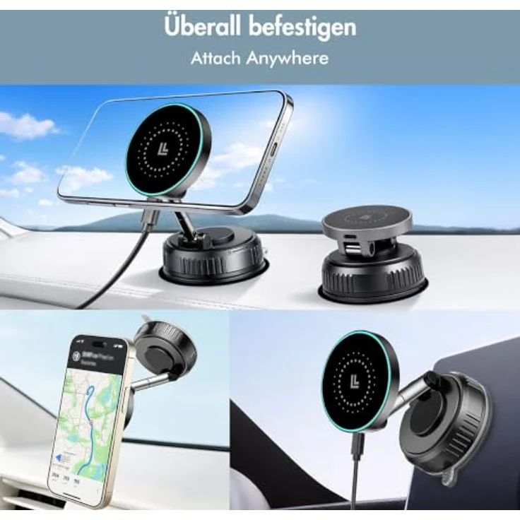 LogiLink Smartphone-KFZ-Magnethalter für induktionsladen, MagSafe-kompatibel mit 25 Watt Qi-Ladefunktion, drehbar um 360 Grad, Saugnapfbefestigung – Bild 4