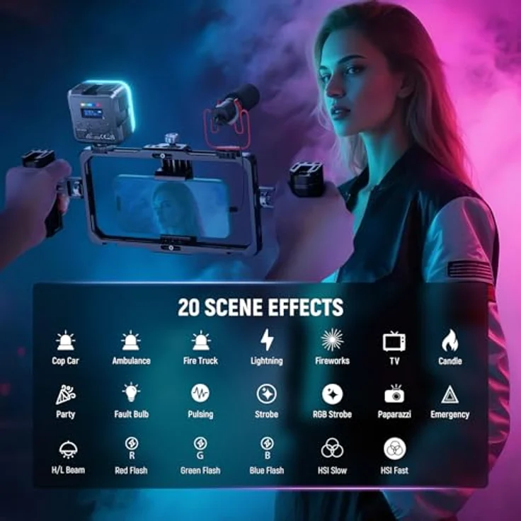 NEEWER RGB61 Kamera Videolicht, 360° Vollfarb Magnetisches Mini LED Panel mit 3 Cold Shoe Mounts, 2500K-8500K Farbtemperatur, CRI 97+, 20 Szenenmodi, 2000mAh Akku, Fotografie Zubehör – Bild 4