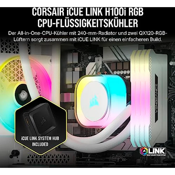 CORSAIR iCUE LINK H100i RGB Flüssig-CPU-Kühler - 240mm AIO - QX120 RGB-Lüfter - Passend Für Intel® LGA 1700, AMD® AM5 - iCUE LINK System Hub Enthalten - Weiß – Bild 2