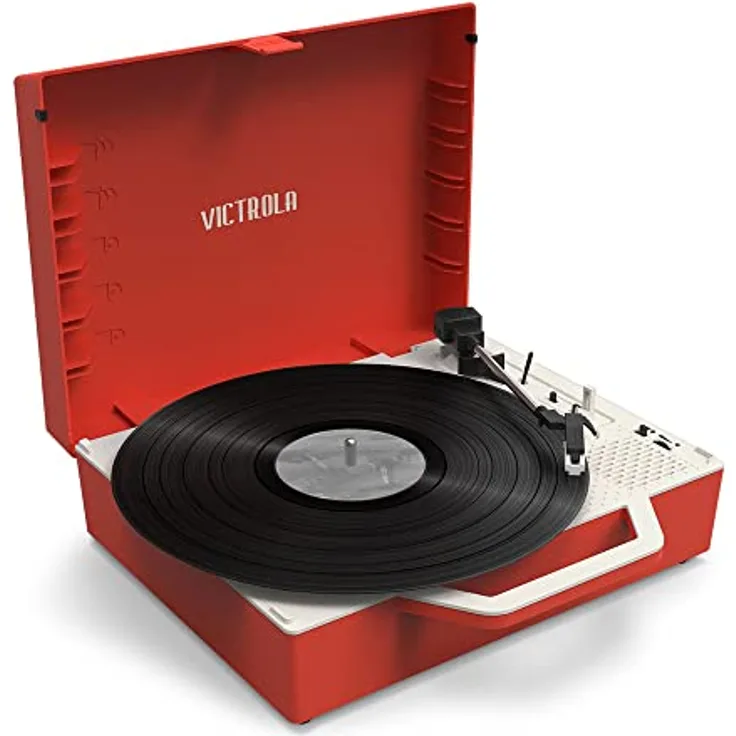 Victrola Re-Spin nachhaltiger Kofferplattenspieler mit Vinyl-Streaming an Bluetooth-Lautsprecher | Aus 25% recyceltem Kunststoff | Rot | VSC-725SB-POR-INT