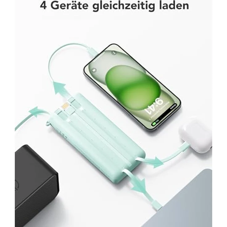 VRURC Powerbank 20000mAh, Tragbares Ladegerät mit 4 integrierten Kabeln, USB-C, Schnellladung 22.5W, LED Display, kompatibel mit iPhone und Huawei – Bild 3