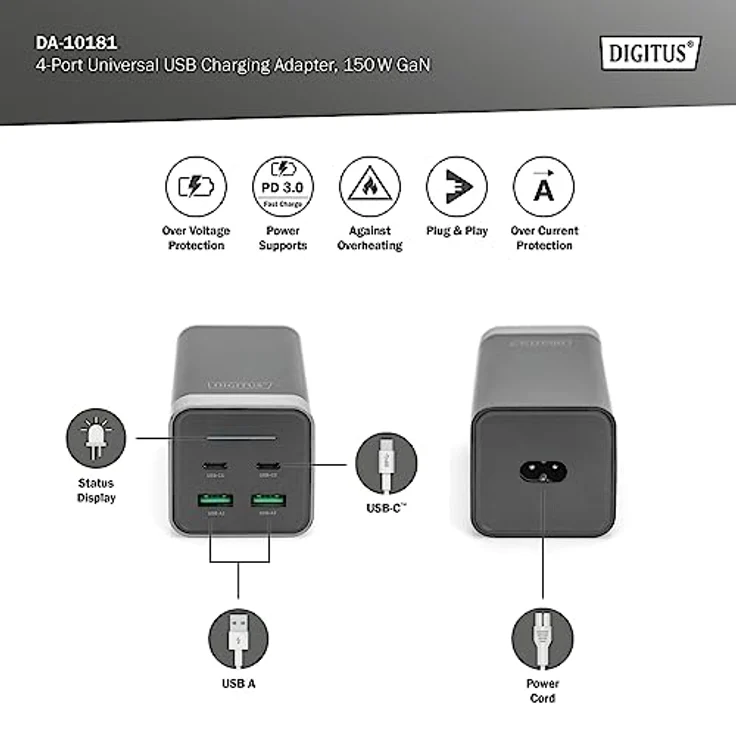 DIGITUS 4-Port GaN DA-10181 USB-Ladegerät Innenbereich, Steckdose Ausgangsstrom (max.) 3000mA 4 x U, Ergonomisches Design – Bild 2