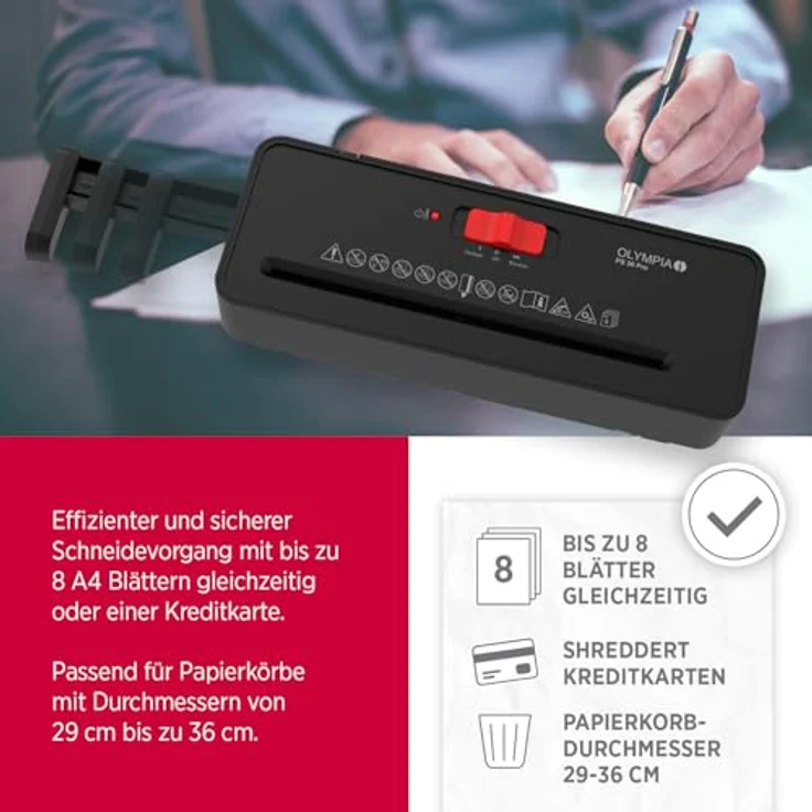 OLYMPIA PS 36 Pro Aktenvernichter, Streifenschnitt P-2, 6 mm, für bis zu 6 Blatt, schwarz, mit Teleskoparm und Rücklauffunktion – Bild 3