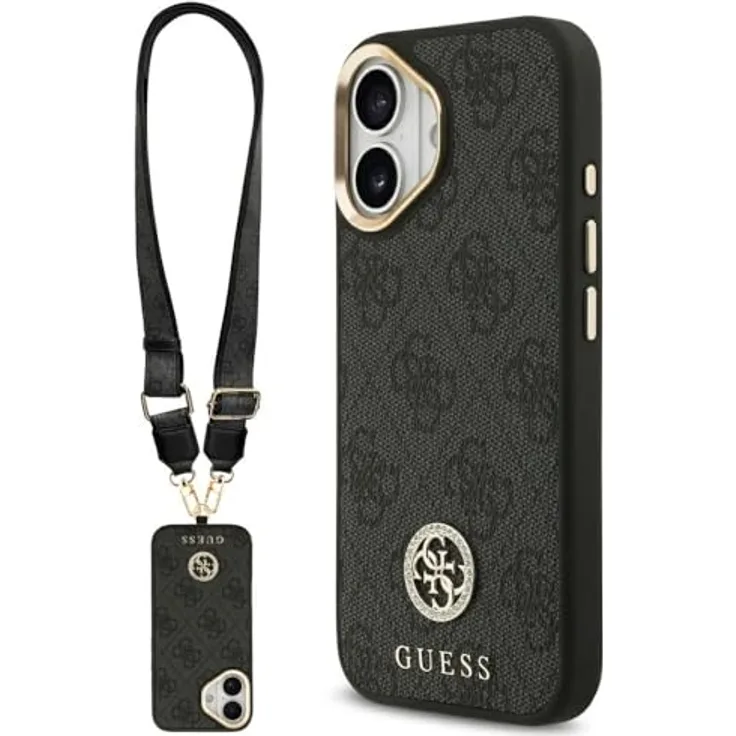 CG MOBILE Guess 4G Strass-Logo Hülle mit großen Metallknöpfen, kompatibel mit MagSafe für iPhone 17, Schwarz