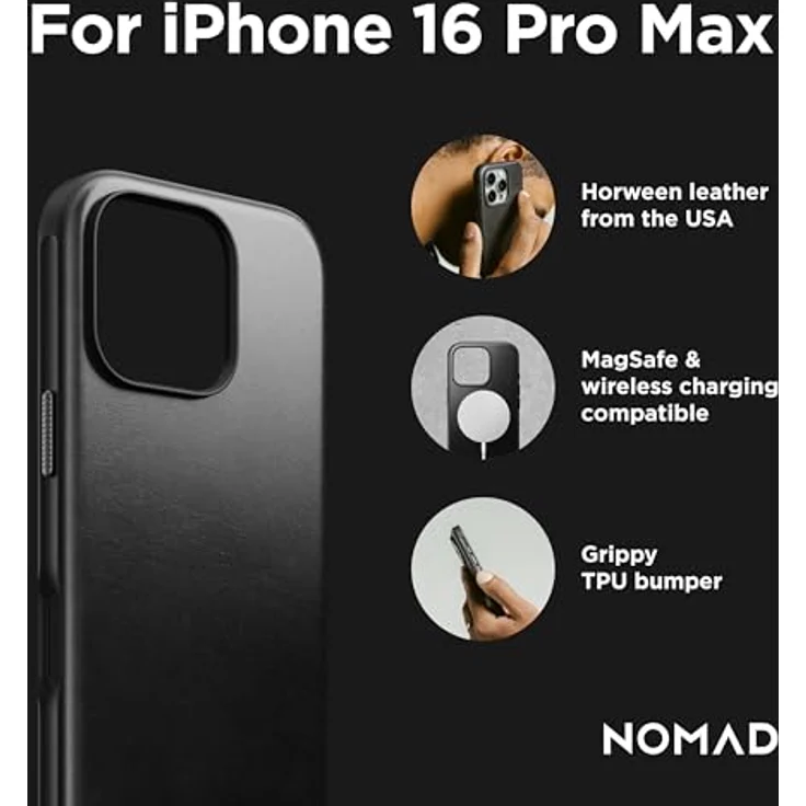 NOMAD Modern Leather Case | für iPhone 16 Pro Max | Polycarbonat & Echtleder | MagSafe-kompatibel | Black Horween – Bild 3