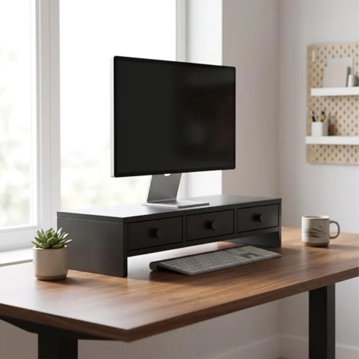 relaxdays Monitorständer mit 3 Schubladen, ergonomische Bildschirmerhöhung für Büro und Home Office, schwarz – Bild 2