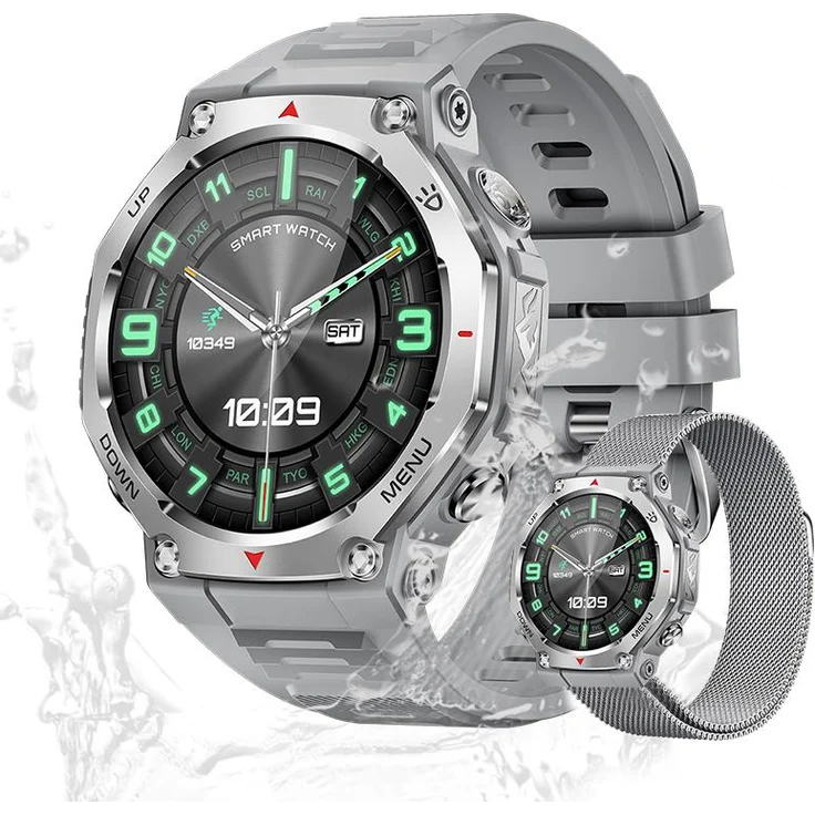 Valdus Herren Fitness-Tracker, 5ATM wasserdicht mit Telefonfunktion, Gesundheitsuhr, Herzfrequenz-, SpO₂-, Schlaf- und Stressanalyse – Grau