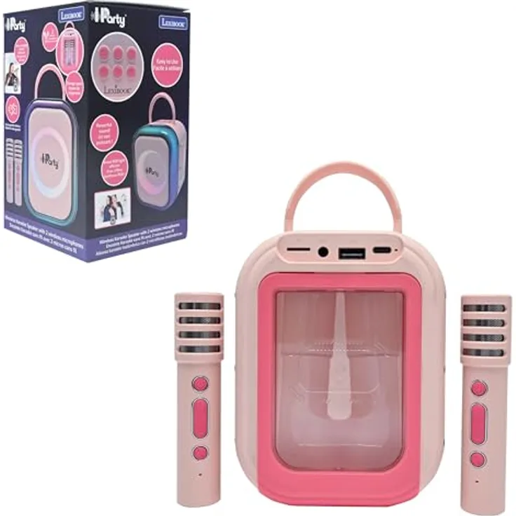 Lexibook BTC030PK, Kabelloser Karaoke-Lautsprecher mit 2 Mikrofonen, Bluetooth-Verbindung, tragbares Design, rosa