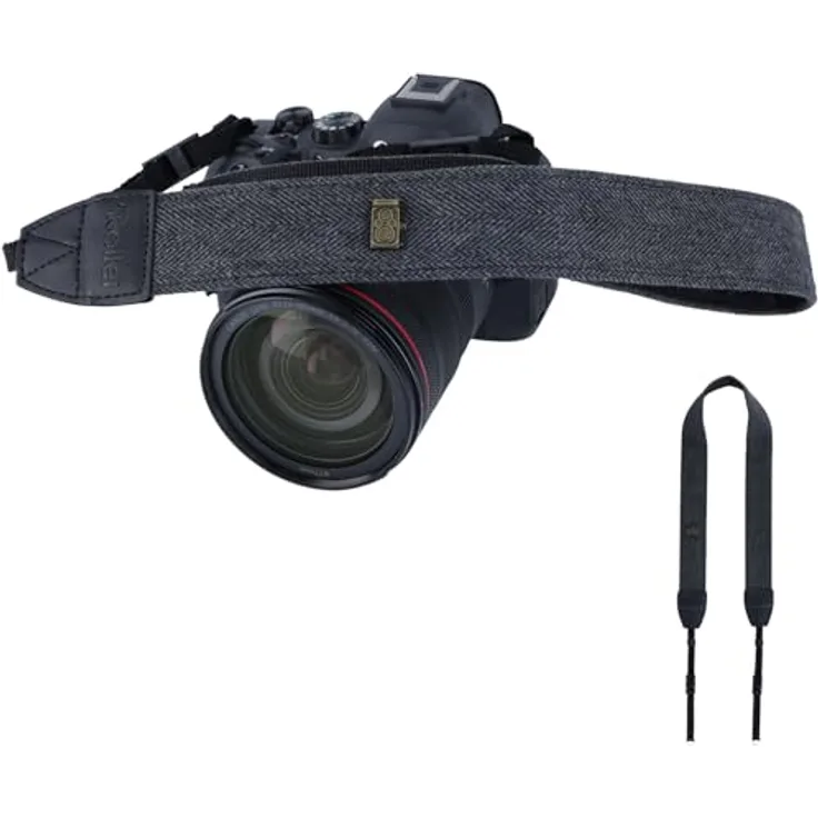 Rollei Kameragurt Schwarz, Verstellbarer Schultergurt 84cm-135cm für DSLR-Kameras bis 10 kg Traglast mit Vintage-Design und hohem Tragekomfort