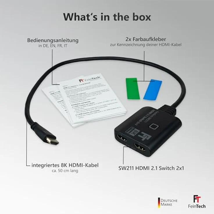 FeinTech SW211 HDMI 2.1 Switch 4k 120Hz 2 In 1 Out oder 1 In 2 Out Bi-Direktional mit integriertem HDMI-Kabel, 8K, 48 Gbps, HDMI Verteiler, HDMI Splitter, Unterstützt HDR, VRR, ALLM und Dolby Vision – Bild 5