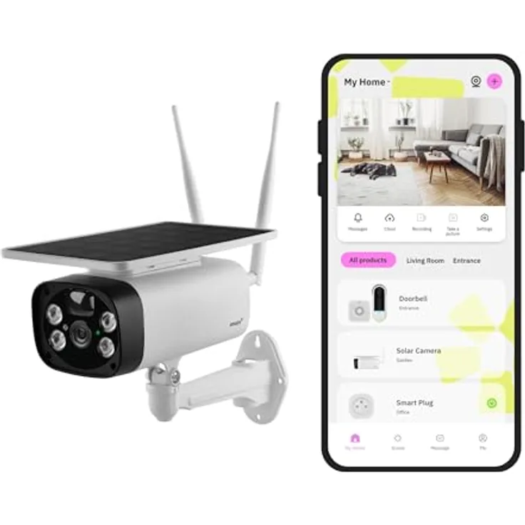 OMAJIN Solar-Sicherheits-Außenkamera, schnurlos, HD Nachtsicht, 105 dB Sirene, Personen-/Bewegungs-/Geräuscherkennung, bidirektionales Audio, SD-/Cloud-Speicher, IP55, OSC-01