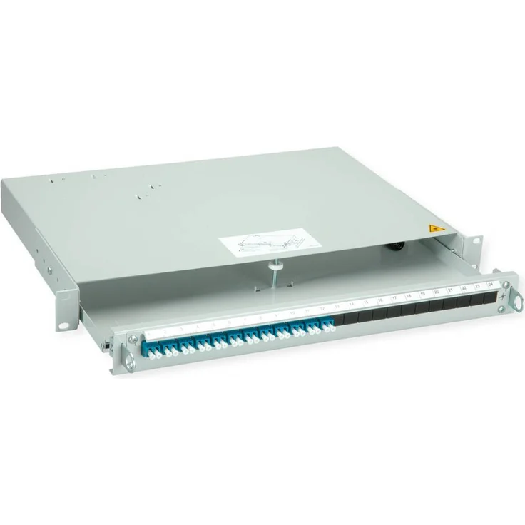 Telegärtner PROFI V LWL-Panel, 12x LC Duplex, blau, OS2, mit Keramikkupplungen, 1HE Rückversetzbar/Ausziehbar/Aushängbar