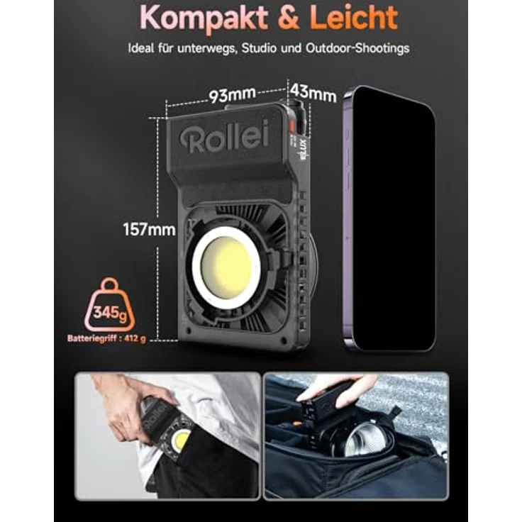 Rollei LUX 100 Bi-Color Kit, Professionelles LED-Dauerlicht mit 71 Wh Batteriegriff, Verstellbare Farbtemperatur 2700~6500K, Boost Reflektor, App-Steuerung, Geräuschlos, Ultraleicht & Kompakt – Bild 5