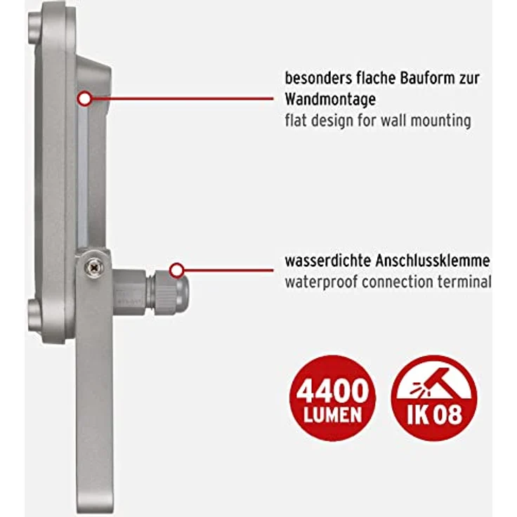 Brennenstuhl LED Strahler JARO 5050 (50W, 4400lm, 6500K, IP65, LED-Außenstrahler zur Wandmontage aus Aluminium) - Preisvergleich – Bild 3