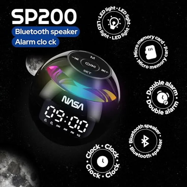 NASA Wecker SP200, Bluetooth-Lautsprecher mit 3 W, Dual-Alarm, LED-Licht und USB-C-Ladekabel – Bild 2