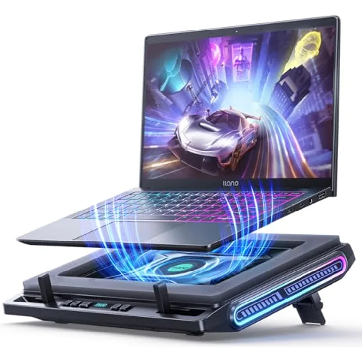 llano RGB Gaming Laptop Kühlpad V10, Kühler mit 4,72'' Turbo-Gebläse, 3 verstellbare Ständer, 4-Port USB-C&A, für Notebooks 13-17,3''