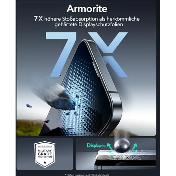 ESR Armorite Panzerglas für iPhone 17e/16e/14/13/13 Pro, gehärtete Displayschutzfolie mit 3 Sekunden Schnellinstallation, militärischer Schutz und blasenfreier Befestigung, 3 Stück – Bild 4
