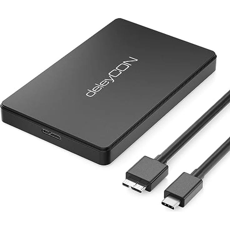 deleyCON USB-C Festplattengehäuse 2,5 Zoll - USB 3.1 Gen 1 Externes Festplatten Gehäuse für 2,5" (6,35 cm) SATA HDD Festplatte / SSD 7 mm & 9 mm - Werkzeugfreie Montage - Schwarz – Bild 1