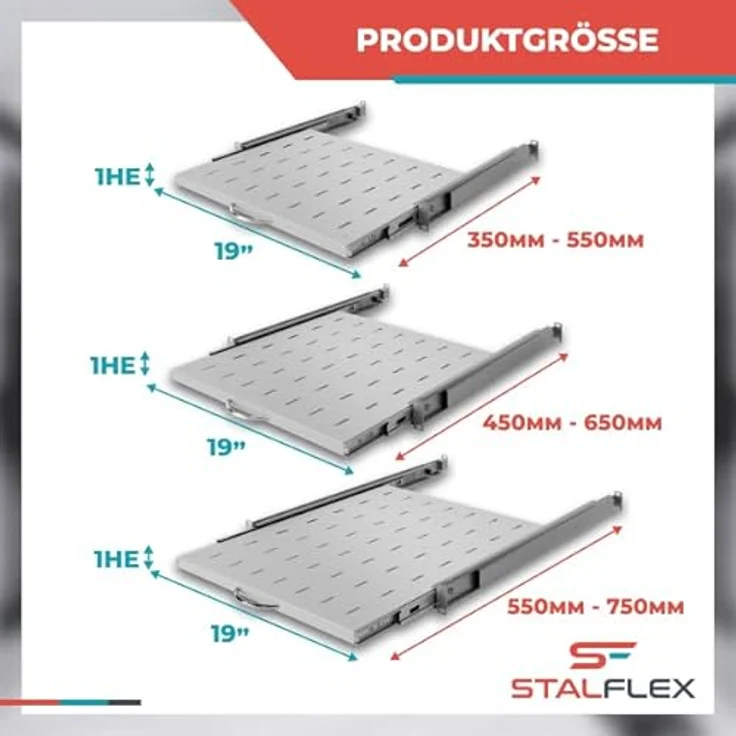 STALFLEX Server Netzwerkschrank 19 Zoll 1U 550mm, Hochbelastbarer Stahl, Ausziehbares Belüftetes Rackmontage Kragarmtablett, 19 Zoll Fachboden – Bild 2