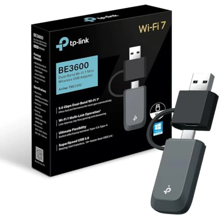 TP-Link ARCHER TBE230U, Kabelgebundener WLAN-Stick mit USB Type-A/USB Type-C, Ethernet, Wi-Fi 7 (802.11be), 2882 Mbit/s, Schwarz, Grau – Bild 1