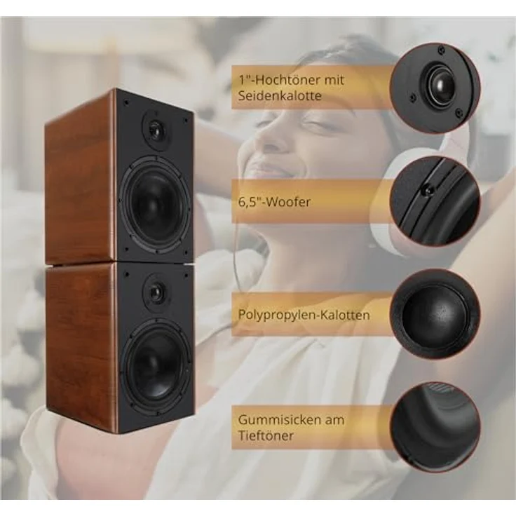 McGrey BSS-365 BN 6,5" HiFi Regallautsprecher - 1 Paar kompakte HiFi-Boxen - Belastbar bis 60 Watt (RMS) - 2-Wege-System - 6,5" Tieftöner + 1,0" Hochtöner - Braune Holz-Optik – Bild 4