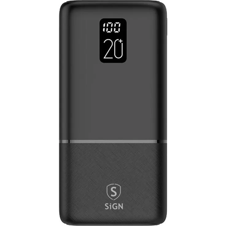 Sign Q.C Powerbank 20.000 mAh, 2,1 A - Schwarz, extrem leistungsstark und kabelgebunden