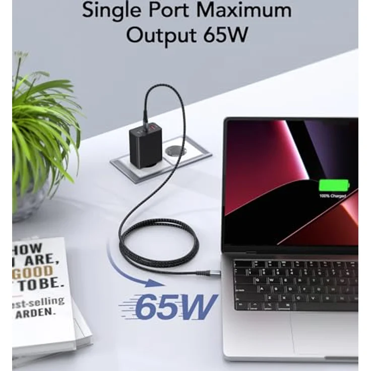 Anykon 65W USB C Ladegerät, 3-Port USB Schnellladegerät mit 2M Ladekabel, kompatibel mit MacBook Air/Pro M1/M2 und iPhone 16 Pro Max/15/14/13, intelligentem Chipschutz, tragbar und effizient – Bild 3