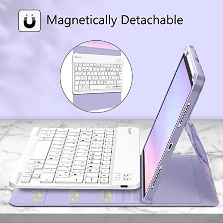 Fintie Tastatur Hülle für iPad Air 11 Zoll M2, iPad Air 6/5/4 (2024/2022/2020) 10,9 Zoll, TPU Rückschale Schutzhülle mit Stifthalter, magnetisch Abnehmbarer Keyboard (QWERTZ Layout), Lila Marmor – Bild 3