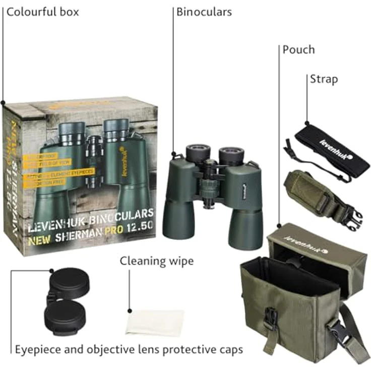 Levenhuk New Sherman PRO 12x50, wasserdichtes Fernglas mit 12-facher Vergrößerung und BaK4-Optik, olivgrün/schwarz – Bild 2