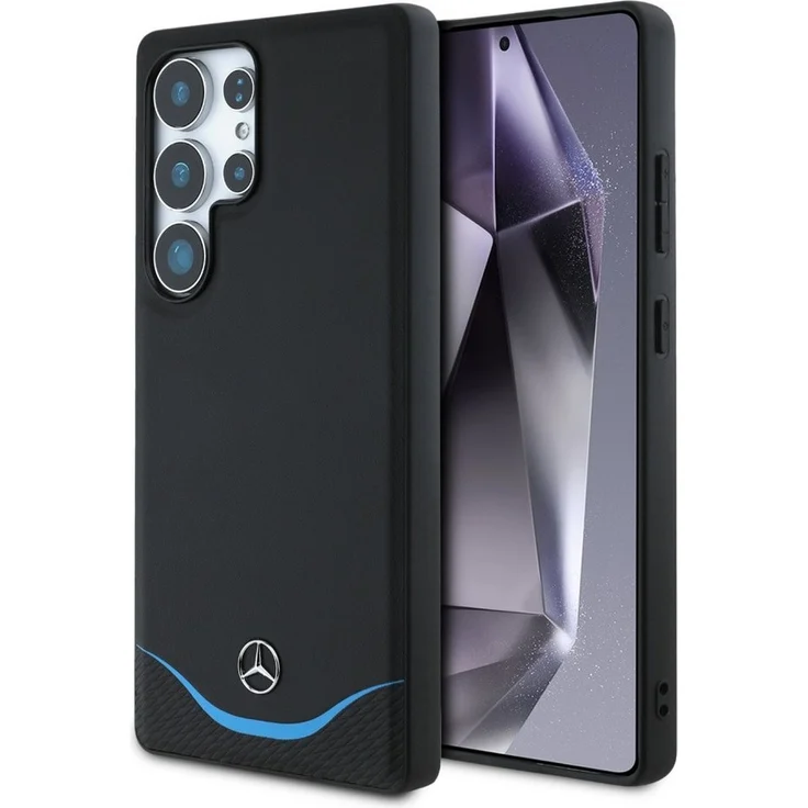 Mercedes Benz Handyhülle Galaxy S25 Ultra, Echtleder schwarz/blau, MagSafe-kompatibel, 6,9 Zoll, mit Kantenschutz und silbernem Stern