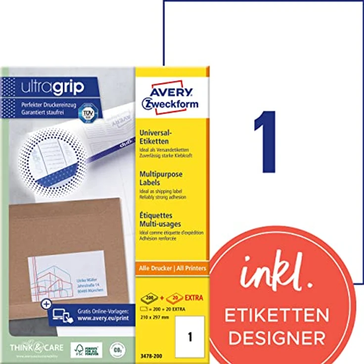 AVERY Zweckform 3478-200 Universal Etiketten (200 plus 20 Klebeetiketten extra, 210x297mm auf A4, bedruckbare Versandetiketten, selbstklebende Versandaufkleber mit ultragrip) 220 Blatt, weiß – Bild 1