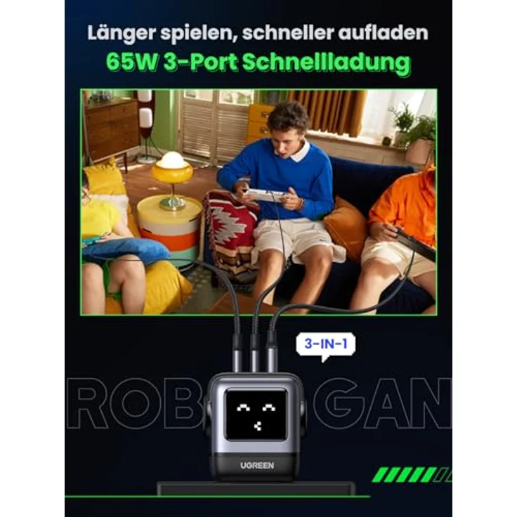UGREEN RG USB C Ladegerät 65W Nexode RobotGaN Charger USB C Netzteil 3-Port Schnellladegerät LED Display kompatibel mit MacBook Pro/Air, iPad, iPhone 15 Pro, Galaxy S24 Ultra, Steam Deck (Schwarz) – Bild 4