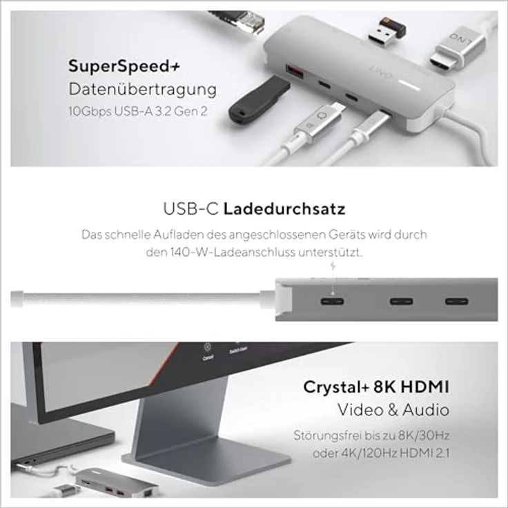 Linq LINQ Connects 8-in-1 Pro Studio-C Multiport-Hub mit 100W Power Delivery, 8K HDMI, 2.5GbE Ethernet und 10Gbps USB-C, geeignet für Laptops und Tablets – Bild 4