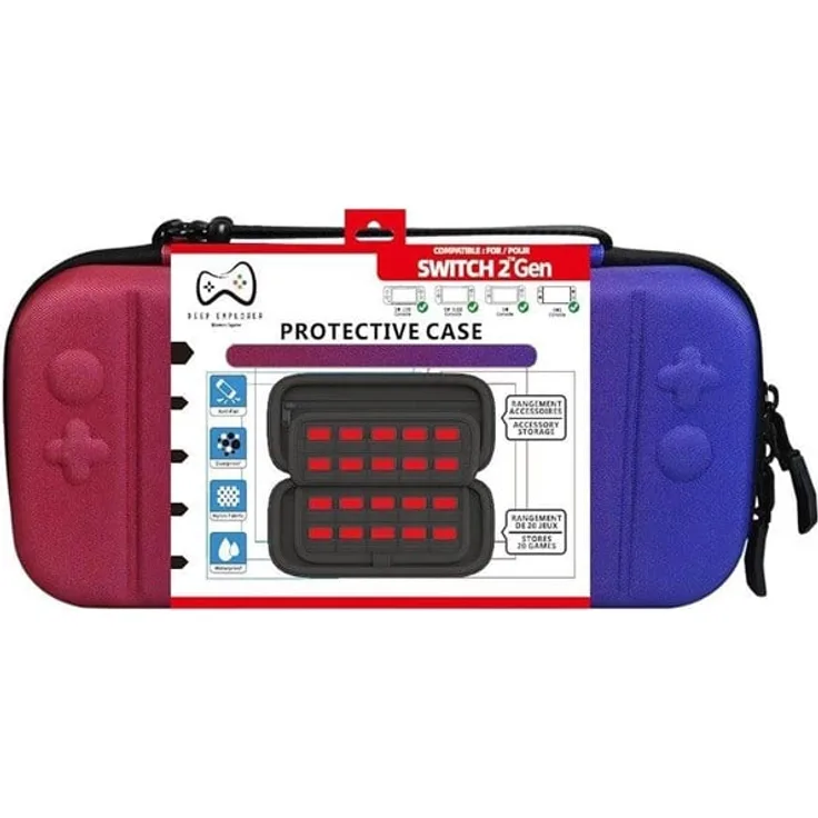 Deep Explorer Protective Case, Schutzhülle für Nintendo Switch 2, wasser- und staubdicht, mit Platz für 20 Spielkarten, rot/blau
